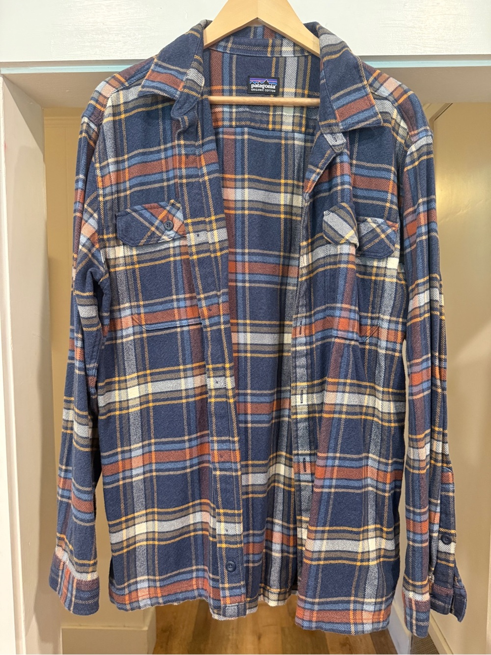 Patagonia Men’s Navy and Rust Plaid Button-Down Shirt